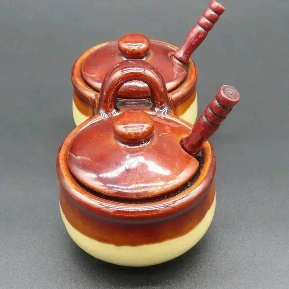 Crock Brown Drip Condiment Caddy Speckled Brown Glaze Vintage Stoneware - Picture 3 of 10
